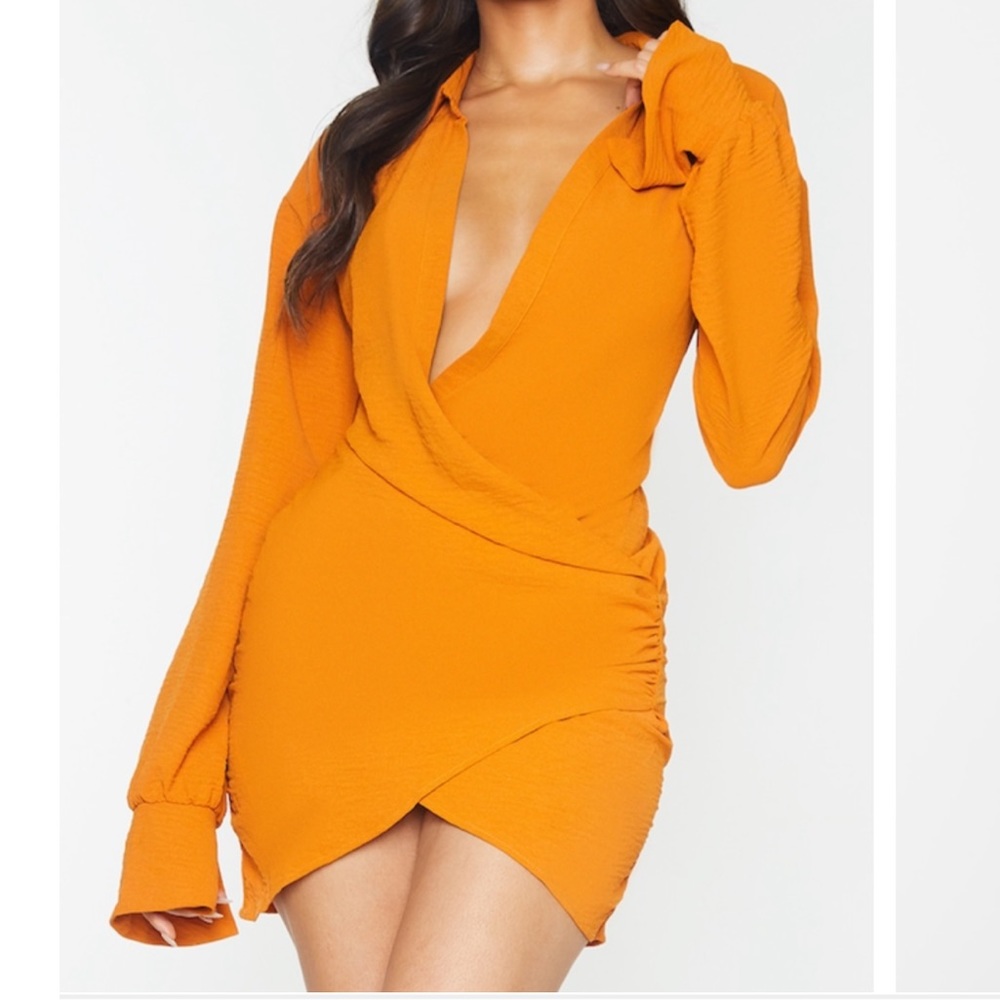 PrettyLittleThing Orange Plunge Shirt Dress